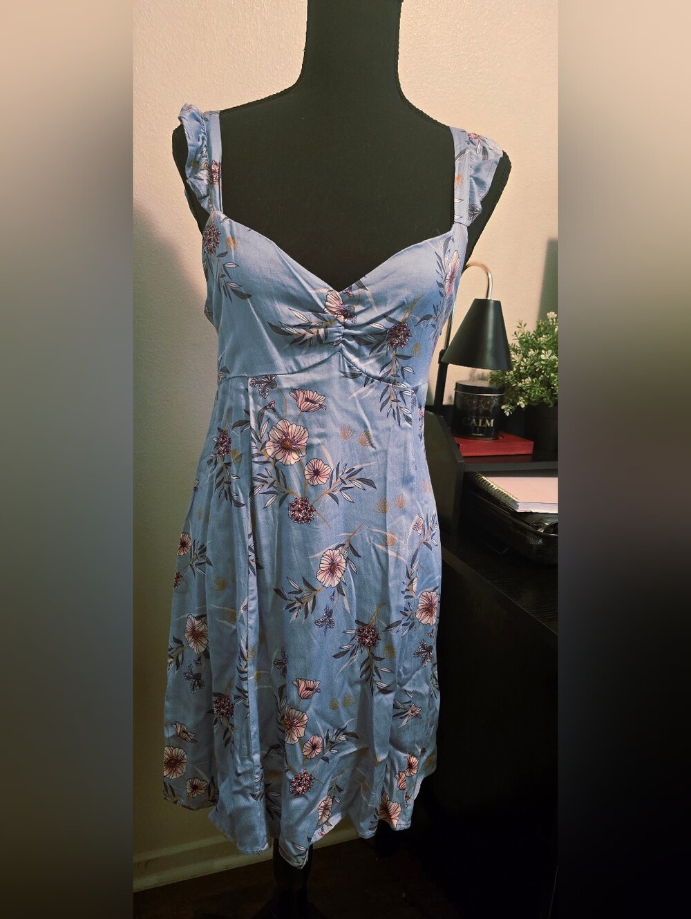 Sky and Sparrow Light Blue Floral Midi Dress with Pink & Gold Accents